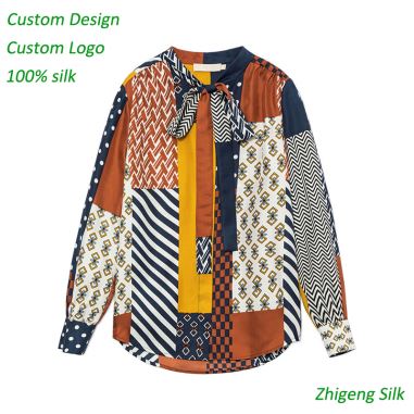 Imprimir manga comprida Turn Down Collar Silk Blouse